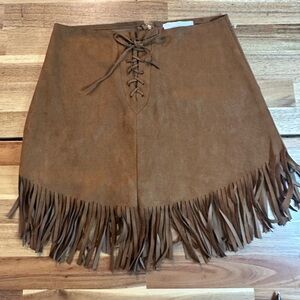 Blush Boutique | Brown Fringe Faux Leather Skirt| Size S| NWOT